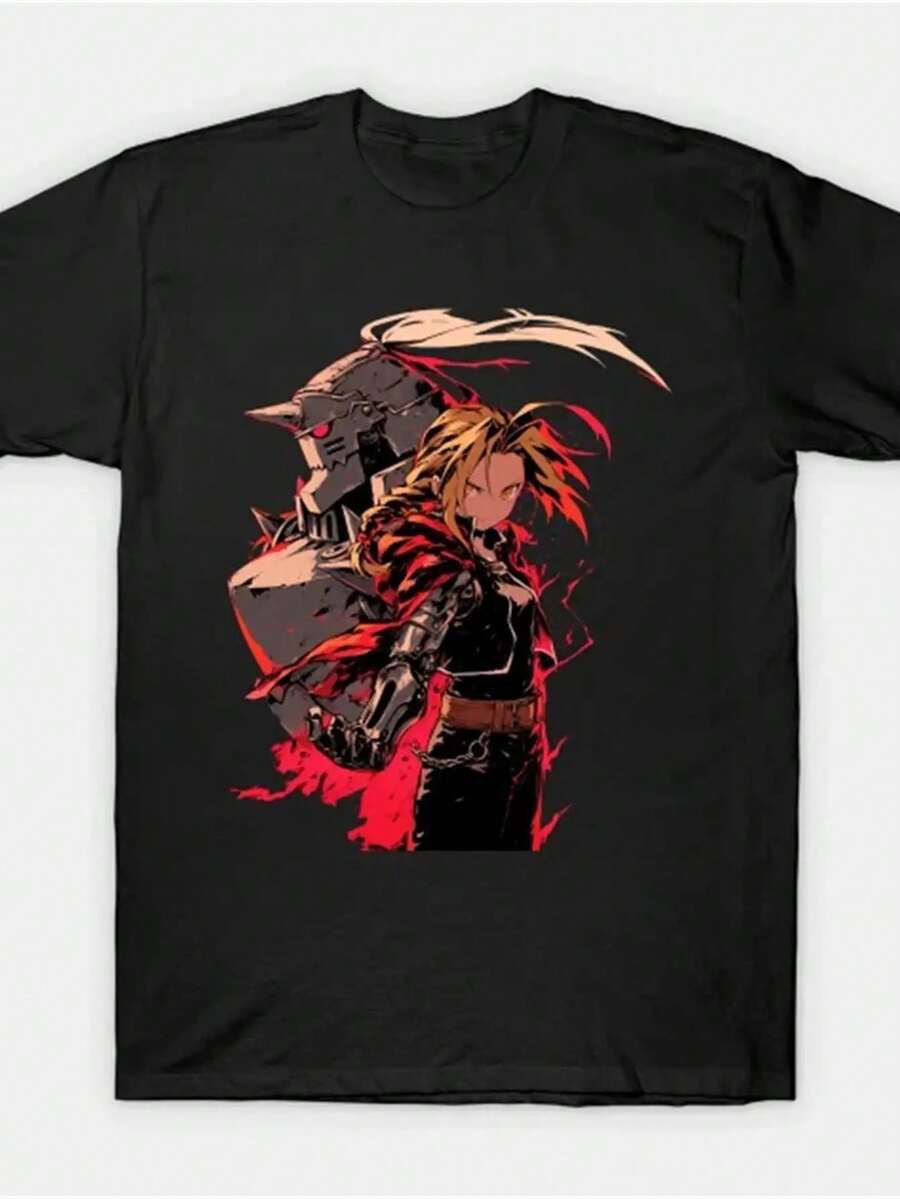 Camiseta Gráfica de Anime FullMetalDistiller -% Algodón, Talla, Manga Corta y Peso Pesado, con Arte de Personaje en Rojo y Blanco Vibrante, Lavable aáquina, Cuello Redondo Casual para Hombres y Mujeres (S-, ) - Regalo Perfecto para Fans de Anime - Negro - Ver 1