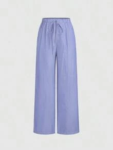 Conjunto de 2 piezas para mujer con top sin tirantes a rayas y pantalón de pierna ancha, con sensación relajada, ajuste elegante, para primavera - Azul - Ver 7