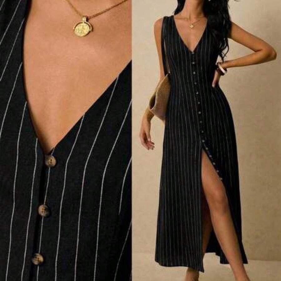 Women's Dresses Linen Dresses Tie Back Waist Button Placket Striped Dress Vest Dress Boho Holiday Women's Sleeveless Striped Dress Casual Vacation Y2k Clothes Country Concert Outfit Old Money Streetwear Going Out Outfits Vintage - Negro - Ver 1