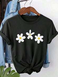 Camiseta Casual de Manga Corta con Estampado Floral, 1 Pieza, Cuello Redondo, Estilo Pullover, Top con Patrón Floral, Camisetas Gráficas para Mujer, 180g, 100% Algodón, Ropa de Verano para Mujer, 100% Algodón - Negro - Ver 6