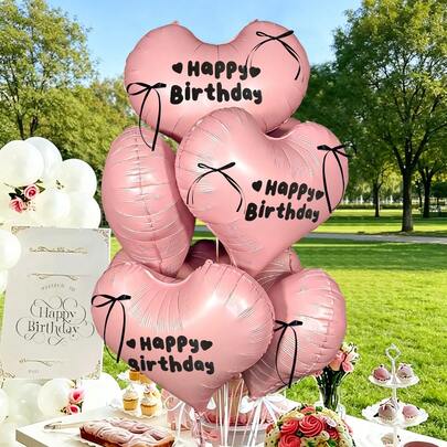 4pcs Pink Elegant Heart Balloon Set, Includes 24-Inch Elegant Heart Balloon, Black Happy Birthday Sticker, Black Ribbon Bow, For Birthday Party Decoration, Ladies' Bachelorette Party, Tea Party, Atmosphere Creation, Anniversary