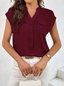 Camisa casual de mujer de unicolor con cuello en V, abotonadura sencilla y bolsillo - Burdeos - Ver 4