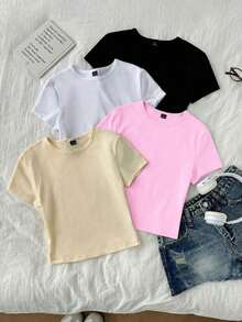 4 piezas Conjunto de camisetas de mujer de cuello redondo de manga corta ajustadas, aptas para el verano y para salir, en negro, blanco, marrón y amarillo crema, 95% algodón, estilo vintage, blusas de verano lindas, estilo softgirl, artículos para salidas de verano, para el hogar, vuelta al colegio, ropa de mujer para otoño, versátil, tops cortos para club y fiesta, paquete de 4 tops cortos básicos de mujer, tops cortos ajustados - Multicolor - Ver 8