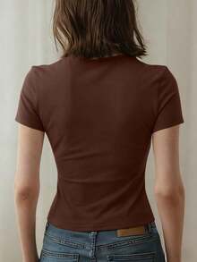 Camiseta de mujer de verano nueva, simple y casual, de corte ceñido y cuello redondo.Versátil y cómoda para el uso diario y las vacaciones. - Marrón - Ver 5
