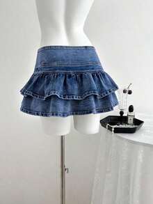 Falda de mezclilla de moda para mujer con diseño de cintura con botones y dobladillo con doble volante - Lavado ligero 2 - Ver 2