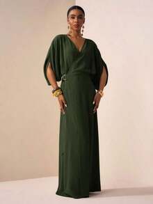 YHHZivah Vestido de lino maxi de manga corta con cuello en V, con cinturón en la cintura, decoración de metal, abertura, fluido, amarillo-verde, para uso en primavera/verano 2026, festivales de música, Pascua, Día de San Patricio, San Valentín, citas, estilo occidental, nómada, fiesta de cumpleaños, graduación, universidad, estudiante, uso diario, versátil básico, casual, vacaciones, crucero, playa, tomar el sol, viral, ropa urbana, invitado de boda bohemio, ir y venir, brunch, aeropuerto, fiesta, salida festiva, atuendo de oficinaYHH - Verde militar - Ver 5