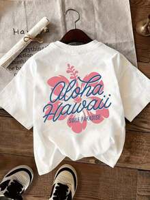 Camiseta de manga corta de estilo hawaiano para vacaciones, 100% pura, de corte hoado, estampado de Aloha Hawái y flores de hibisco, transpirable, casual, para usar en llaya, el surf y el día a día, con estampado de letras, camiseta de verano para mujer 100% aodón puro - Blanco - Ver 2