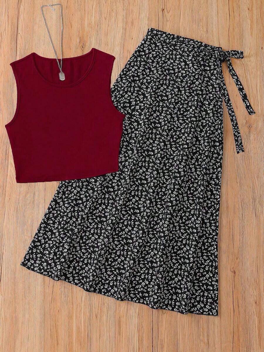 Unity Conjunto de 2 piezas de estilo elegante y vintage francés para primavera/verano.Incluye top crop de unicolor con cintura definida y falda midi de línea A. Tiene un estilo sexy - Multicolor - Ver 1