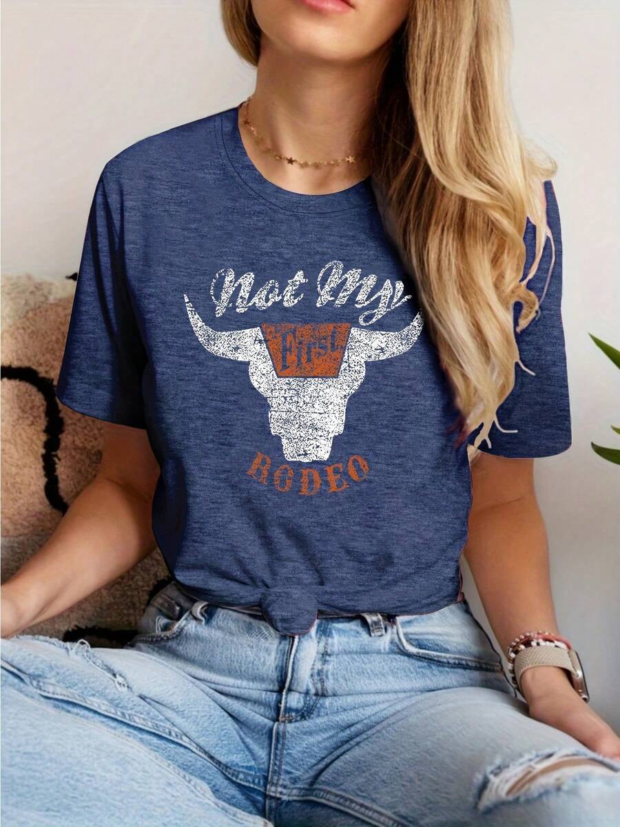 Camiseta de Mujer ODEO con Estampado de Cabeza de Vaca y Letras - Transpirable y Amigable con la Piel