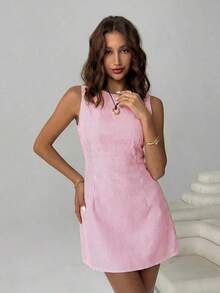 Vestido mini sin espalda y sin mangas con rayas azules tejido para mujeres - Rosa 2 - Ver 6