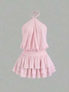 Vestido mini con espalda descubierta, estilo sexy y picante, de cuello halter, adecuado para citas, vacaciones y verano - Rosa - Ver 9