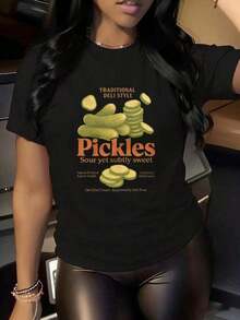 Funny Friday Print T-Shirt, Friday Print, Traditional Style, Sour But Subtly Sweet Pickles, Hand Pickled, Farm Fresh, Crunchy, Classic, Professional Approved, Suitable For Christmas Parties, Sports Outings And Other Christmas Gifts, Suitable For Spring, Summer And Autumn. - 黑色 - 查看 2