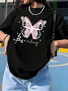 Mexican Basic Vintage Women's Short Sleeve T-Shirt With Round Neck And Butterfly Print, Casual And Versatile Style For Vacation, Suitable For Daily Wear And Fashionable Summer In Black. Fashion New Launch - 黑色 - 查看 7