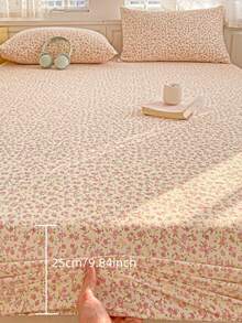 Pink Floral Fitted Sheet Set, Includes 1*Fitted Sheet + 2*Pillowcases, Soft Breathable Mattress Cover With Elastic Band, Romantic Sakura Pink Floral & Golden Butterfly Print, Anti-Slip Deep Pocket Mattress Cover, Pillowcases Without Insert, Suitable For All Seasons, Machine Washable - Pink - View 6