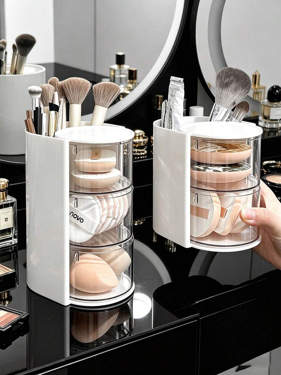 1/2pcs Rotating Transparent Acrylic Makeup Organizer, Multi-Functional Dust-Proof Brush Holder Storage Rack, Desktop Cosmetic Sponge Jewelry Organizer Box