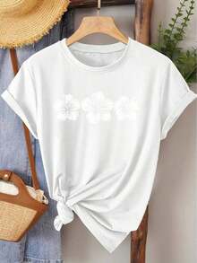 Blusa Vintage de Mujer, Estilo Elegante, Manga Corta, Estampado de Hibisco, Cuello Redondo, Ideal para Primavera y Verano, Moda Casual Versátil para Viajes y Uso Diario, Estilo Retro Elegante. - Blanco - Ver 6