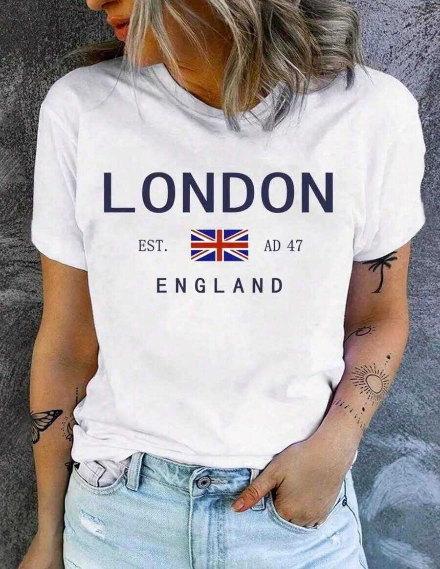 Camiseta de mujer 100% algodón con estampado de letras vintage de Londres - Cuello redondo informal, manga corta, lavable a máquina - La elección perfecta para primavera/verano - Blanco - Ver 1