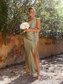 Vestido de satén elegante con hombro descubierto corte ajustado estilo glamour - Verde - Ver 2