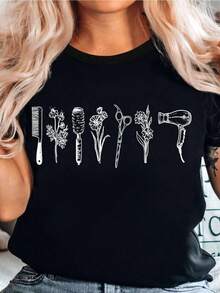 Minimalist T-Shirt For Women Hairdressers - Geometric Wildflower And Styling Tools Print, Breathable Summer Fabric, Machine Washable Crew Neck, Gift For Estheticians And Salon Groups, Stylist Supplies, Professional Beauty Apparel, Plus Size. Suitable For Spring, Summer And Autumn. - 黑色 - 查看 7