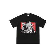 Camiseta unisex de cuello redondo con estampado de personajes de anime de One Piece, estilo casual y urbano, con diseño de panel de manga de Luffyss y Zoro. - Negro - Ver 1