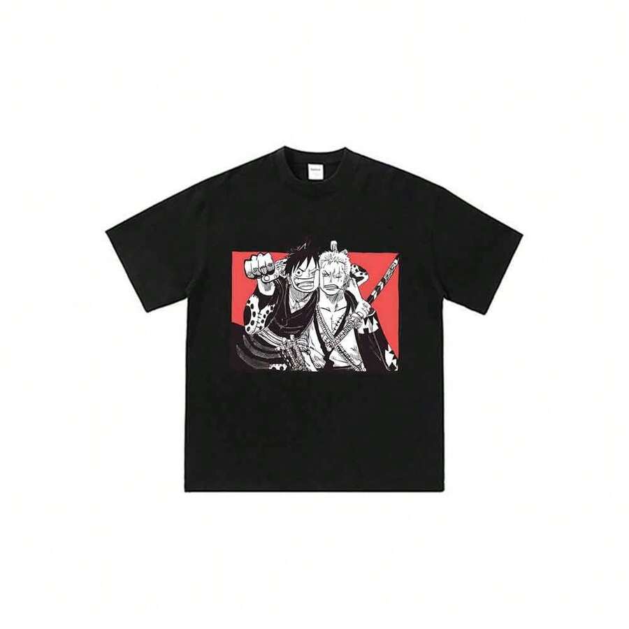Camiseta unisex de cuello redondo con estampado de personajes de anime de One Piece, estilo casual y urbano, con diseño de panel de manga de Luffyss y Zoro. - Negro - Ver 1