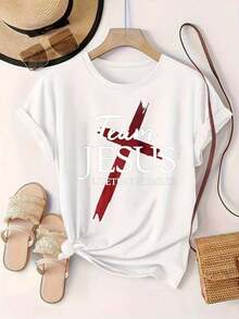 Women's Casual Short Sleeve T-Shirt - Red Cross Design "Team Jesus Lifetime Member", Crew Neck, Summer Top, Machine Washable, Ladies' T-Shirts, Casual Wear, Modern Style, Comfortable Fit

-White - 白色 - 查看 2