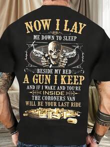 Camiseta de hombre con estampado de calaveras y letras - Diseño temático de armas "Now I Lay", camiseta de manga corta azul oscuro, adecuada para el verano al aire libre, camisa casual de cuello redondo con estampado. - Negro - Ver 6