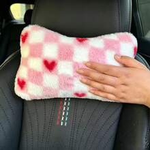 1pc Plaid Small Heart Square Plush Neck Pillow, Fashionable Cute Car Neck Pillow, Sweet Neck Support Pillow To Relieve Fatigue, Women's Car Accessory - Multicolor - View 4