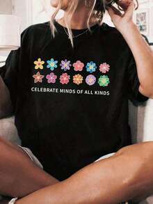 Camiseta de manga cortaGráficoTamaño grandedeTallaGrandeparaMujer-EstampadoFloralCelebrandoMentesdeTodoTipo,CuelloRedondoSuaveyElástico,HombrosCaídosSuperiorInformaldeVerano,CamisetaLavableCamisasparaMujer,RopaCómodaparaUsoDiario,EstampadoCamisa artística para mujerCasual 100%Algodón 100%Algodón - Negro - Ver 1