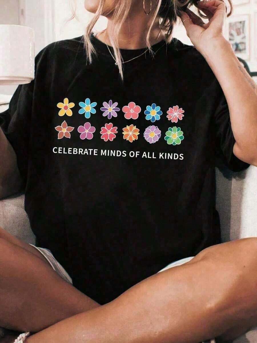 Camiseta de manga cortaGráficoTamaño grandedeTallaGrandeparaMujer-EstampadoFloralCelebrandoMentesdeTodoTipo,CuelloRedondoSuaveyElástico,HombrosCaídosSuperiorInformaldeVerano,CamisetaLavableCamisasparaMujer,RopaCómodaparaUsoDiario,EstampadoCamisa artística para mujerCasual 100%Algodón 100%Algodón - Negro - Ver 1