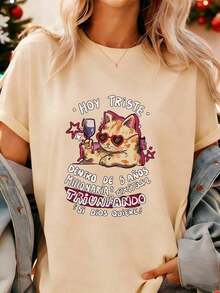 short-sleevePlayera minimalista moderna.Camiseta de algodón suave de talla grande para mujer con diseño gráfico de gato y vino, motivo de sueño de millonario.Vestidos de mujer a la moda para el verano, casuales, perfectos para todas las estaciones. Camisa de mujer, casual, 100% algodón. - Albaricoque - Ver 6
