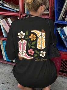 1 pieza de camiseta de manga corta con cuello redondo y estampado floral minimalista, nueva llegada de verano, ropa casual versátil y a la moda para mujer, color negro, 100% algodón. - Negro - Ver 2