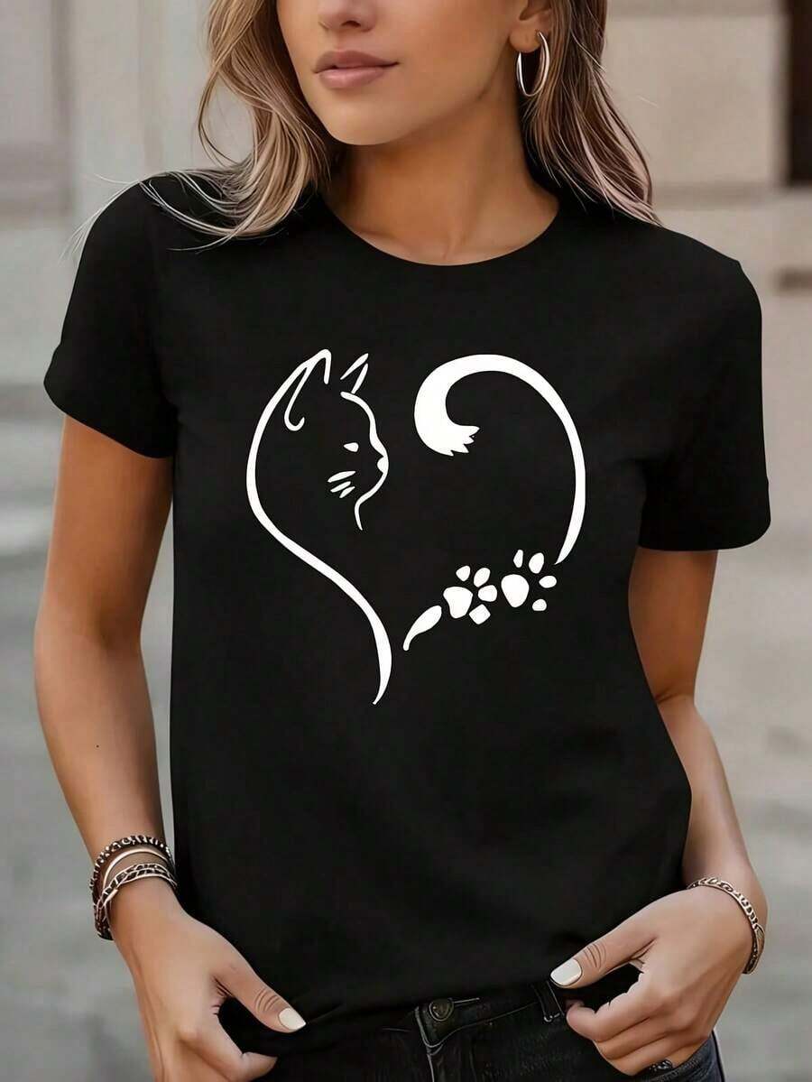 Camiseta Casual Casual Cat para Mujer, 1 Pieza, Oversize, con Estampado Gráfico, Manga Corta, Novedosa, 100% Poliéster, Cuello Redondo, Estilo Casual, Camiseta Moderna y a la Moda - Negro - Ver 1