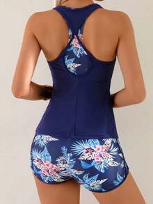 Swim Lushoire Conjunto de 3 piezas para mujer con top corto y conjunto de bikini con estampado floral para vacaciones en la playa - Azul - Ver 2