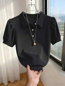 Camiseta casual romántica de unicolor y elegante estilo de ciudad para mujeres - Negro - Ver 1