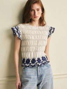 Blusa elegante para mujer, blusa vintage estilo francés, blusa de algodón para ir al trabajo, blusa ajustada con pliegues, blusa de color contrastante, blusa estampada, blusa versátil de cuello redondo con estampado para primavera/verano - Azul - Ver 6