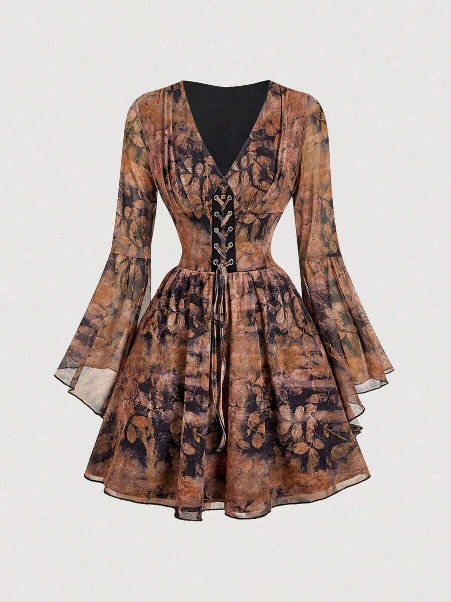 MOD Vestido corto de mujer con estampado retro vintage - Marrón - Ver 1