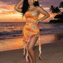 Women's Vacation Cashew Floral Print Patchwork Ruffle Asymmetric Hem Fitted Sexy Bandeau Dress, Beach Outfits For Women , Beach Outfit For Women , Beach Outfits , Beach Outfit ,Summer , Summer Dress  , Summer Dresses For Women  , Summer Tops, Summer Dresses , Summer Clothes  , Summer Outfits For Women , Summer Outfits ,  Summer Outfit For Women , Beach Vacation Outfits For Women , Vacation Outfits Women  , Holiday Outfits For Women  , Vacation  , Holiday  , Summer Holiday Outfits , Holiday Outfi - Amarillo - Ver 6