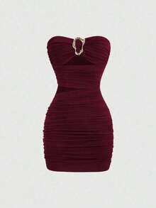 Vestido mini ajustado y sexy de mujer con hebilla de metal - Color caoba - Ver 3