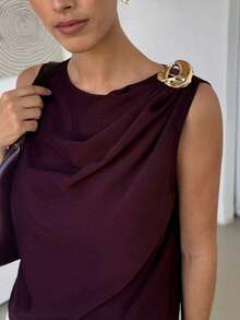 Blusa de satén sin mangas con pliegues para mujer - Café integral 2 - Ver 1