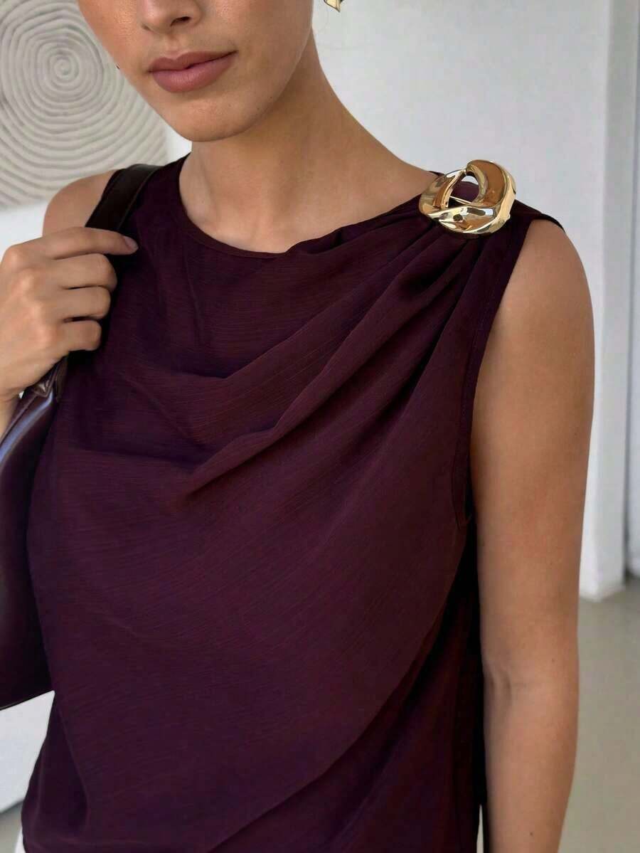 Blusa de satén sin mangas con pliegues para mujer - Café integral 2 - Ver 1