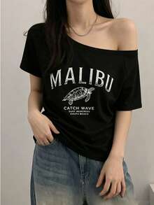 Camiseta de mujer de manga corta con hombros abiertos, de poliéster, con estampado de tortuga marina de Malibú a la moda, de tela elástica, adecuada para uso diario casual en verano - Negro - Ver 3