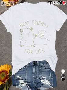 Camiseta de talla grande para mujer con divertido estampado de hámster - Frase "Mejor amigo de por vida", combinada con lindos diseños de hámster y huellas de pata - Camiseta suave para uso diario, ideal para amantes de las mascotas - Adecuada para todas las estaciones, lavable a máquina. Camisetas gráficas de verano para mujer - Camiseta casual estampada para mujer, manga corta y cuello redondo, moda urbana local de primavera/verano. - Blanco - Ver 1
