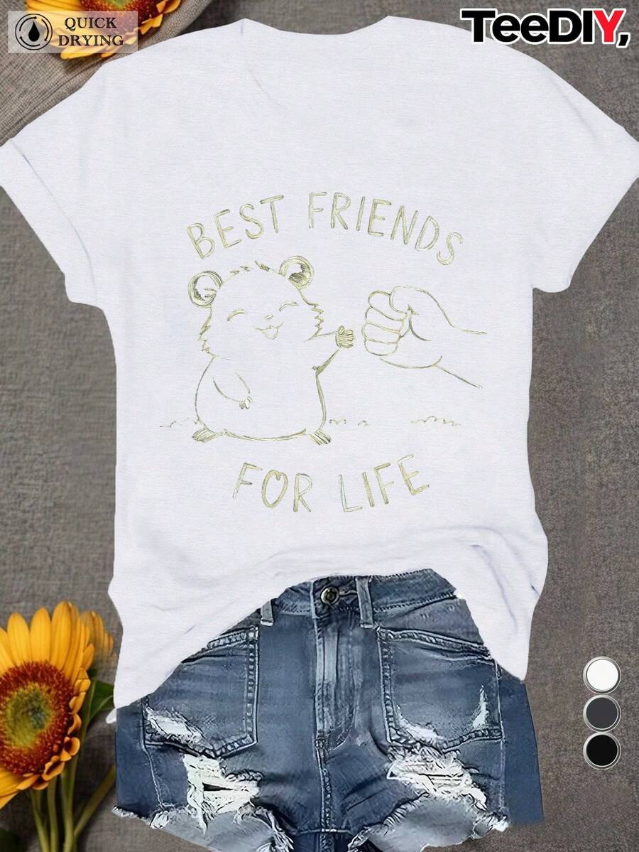 Camiseta de talla grande para mujer con divertido estampado de hámster - Frase "Mejor amigo de por vida", combinada con lindos diseños de hámster y huellas de pata - Camiseta suave para uso diario, ideal para amantes de las mascotas - Adecuada para todas las estaciones, lavable a máquina. Camisetas gráficas de verano para mujer - Camiseta casual estampada para mujer, manga corta y cuello redondo, moda urbana local de primavera/verano. - Blanco - Ver 1