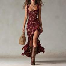 Nuevo 2026 Vestido Sin Mangas con Tirantes Cuello Alto Abertura Lateral Volantes Estilo Bohemio Vintage - Burdeos - Ver 4
