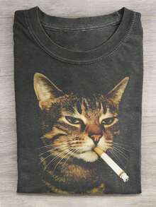 230G Washed Cat Print T-Shirt That Loves Smoking, High-Quality Wax Printed Cotton Retro Fashion Brand T-Shirt, Men'S T-Shirt, Beach Must-Have, Men'S Summer T-Shirt, Holiday Gift, Perfect Gift Printed T-Shirt - Black - View 1