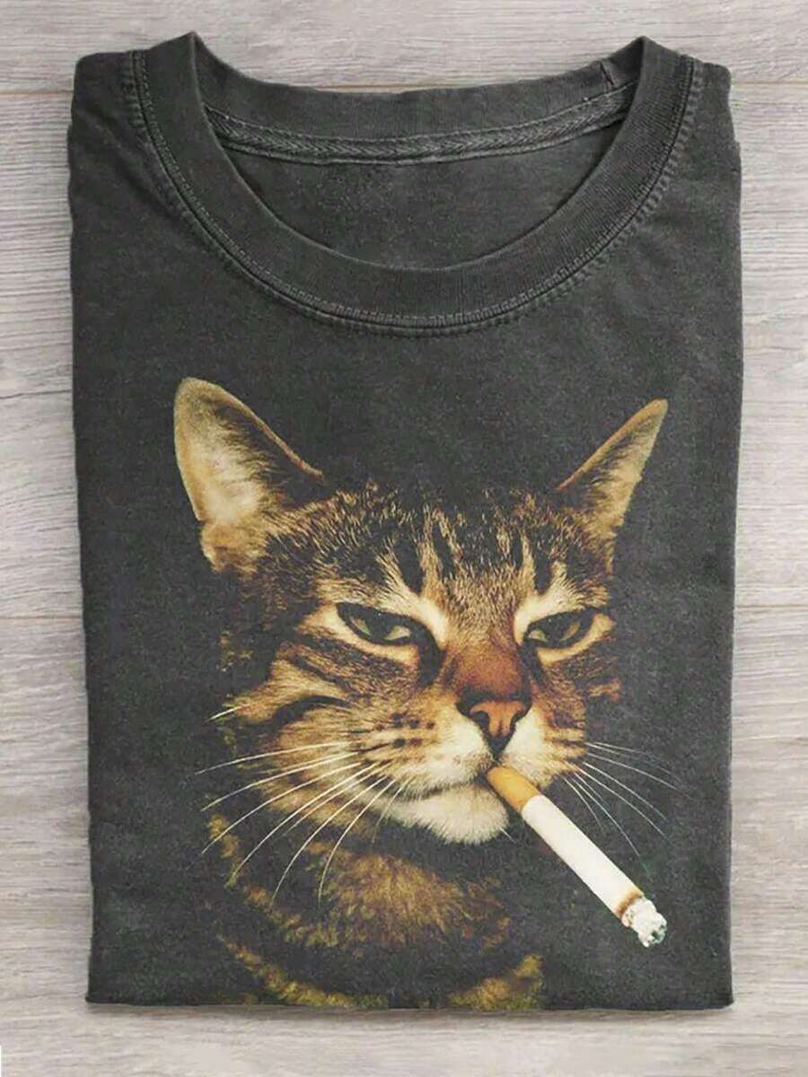 230G Washed Cat Print T-Shirt That Loves Smoking, High-Quality Wax Printed Cotton Retro Fashion Brand T-Shirt, Men'S T-Shirt, Beach Must-Have, Men'S Summer T-Shirt, Holiday Gift, Perfect Gift Printed T-Shirt - Black - View 1