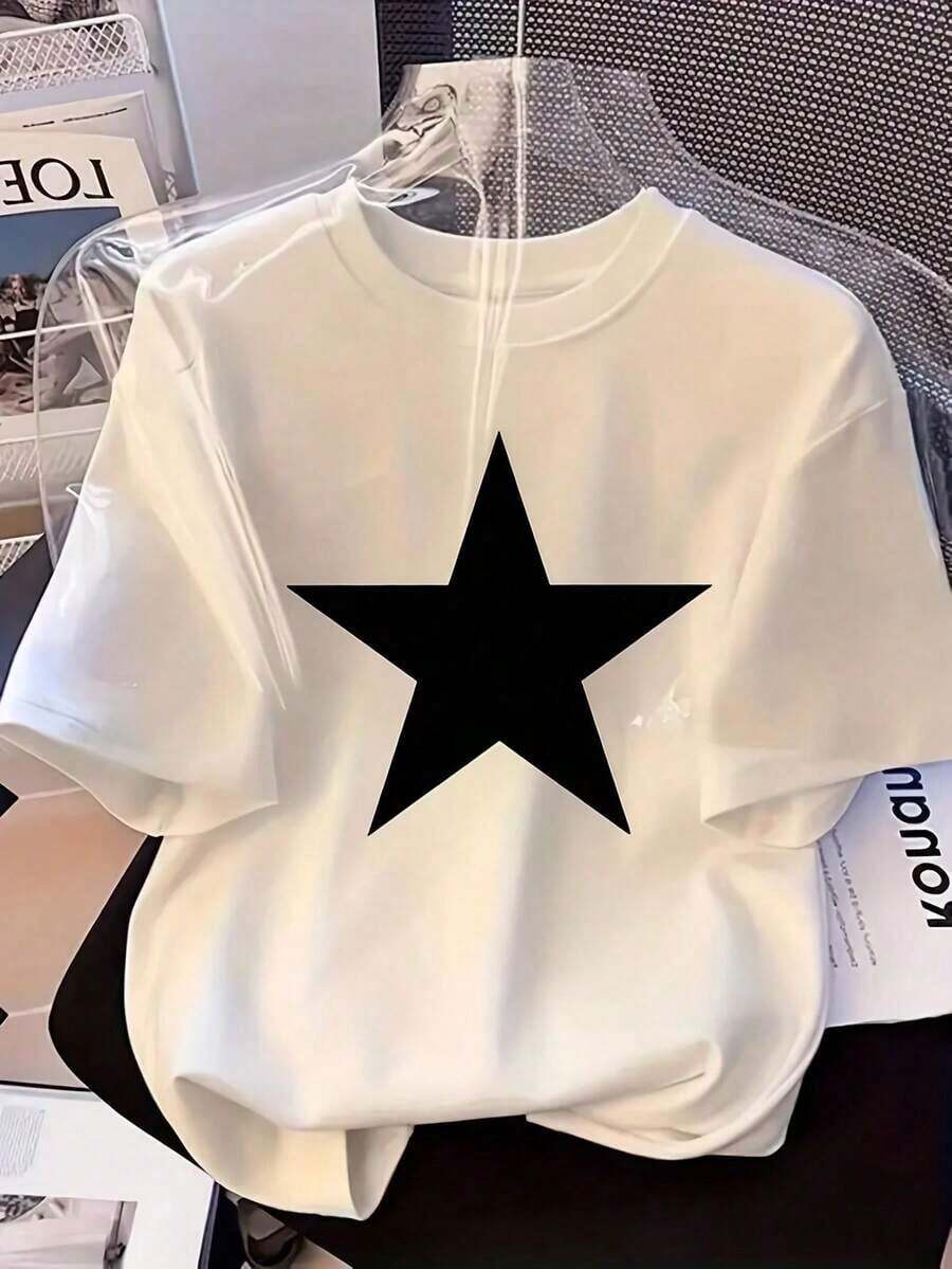 Top mujerCamiseta de manga corta minimalista de verano con estampado de estrellas llamativas, hecha de algodón puro para mayor transpirabilidad, estilo de cuello redondo para mujer de talla grande, con un elegante diseño de estrellas negras grandes para un estilo moderno, ropa de mujer. 2026 - Blanco - Ver 1