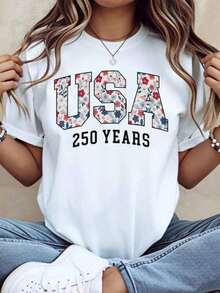 Camiseta con Estampado Floral "Usa 250 Años" para Mujer, Blusa Blanca Casual, Regalo Patriótico para Celebrar el Día de la Independencia - Blanco - Ver 6