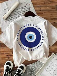 short-sleeveBlusas para mujer Camiseta casual de verano para mujer con estampado de doble cara que presenta arte pop, ojo turco y un mensaje para el remitente para expulsar toda la energía negativa, cuello redondo, manga corta. gym  y2kCuello Redondo Algodón  Tejido Suave Manga Corta Transpirable y Fresca Festival del 5 de mayo Día de la Madre Día del Padre Unisexo100% Cotton - Blanco - Ver 4